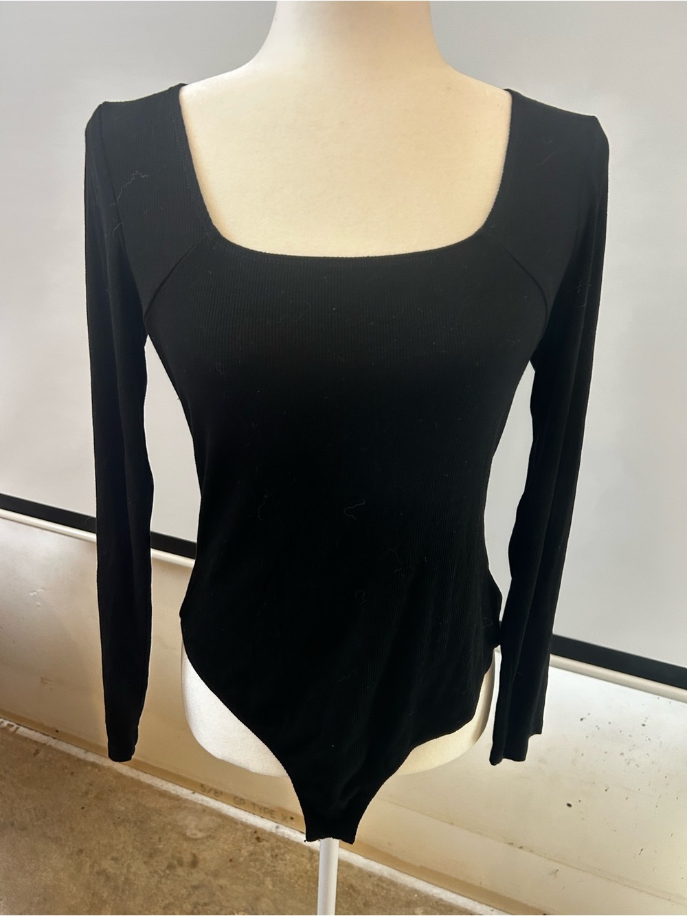 Kaileigh Black Square-Neck Long Sleeve Ribbed Bodysuit